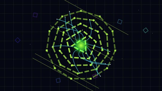 Abstract Digital Network Connection with Glowing Center on Dark Grid Background
