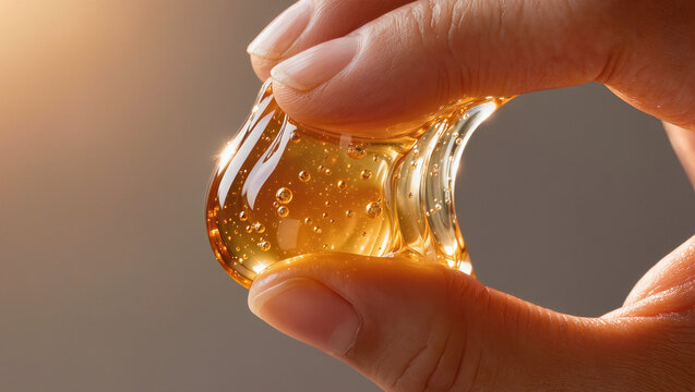 Fingers stretching golden translucent gel with bubbles, cosmetic serum texture and skincare concept with copy space for text