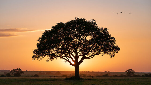 Sunset Landscape Centered on a Mature Tree and Wide Horizon