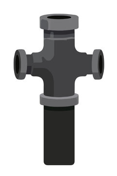 Dark gray cross-shaped water main pipe fitting connector valve for municipal water system infrastructure repair plumbing vector icon illustration isolated on white background