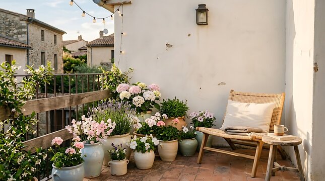 Charming rustic terrace with potted flowers, a wooden chair, and old village buildings in the background under a sunny sky.