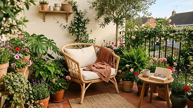 A serene and lush balcony garden with a comfortable rattan chair, numerous potted plants, and a small wooden side table, creating a peaceful outdoor oasis.