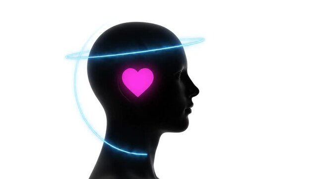 Human head silhouette with glowing heart and orbiting blue light ring