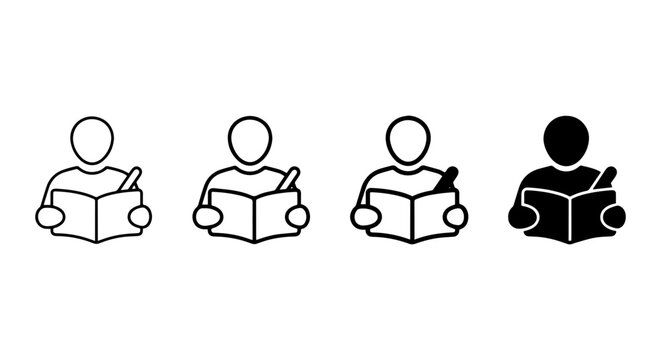Reading Person Icons, Book Study Symbols, Knowledge Acquisition Graphics, Education Vector Set