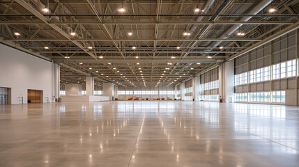 Obraz premium Large Empty Warehouse Hall with Polished Concrete Floor and High Ceiling