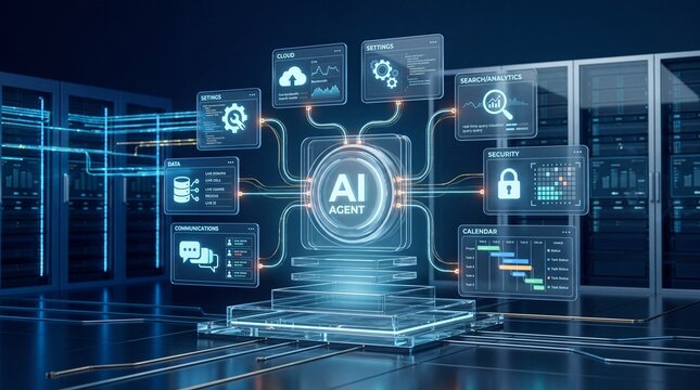 Advanced artificial intelligence agent processor chip in a modern data center server room with holographic digital interface showing data analytics, cloud computing, and cyber security.