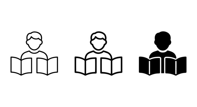 Reading Icon Set: Person Studying, Open Book Symbols, Education & Knowledge Graphics