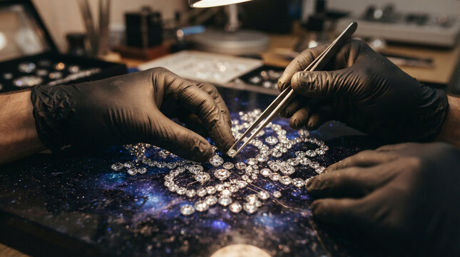 Jeweler wearing black gloves using tweezers to arrange diamonds on a table
