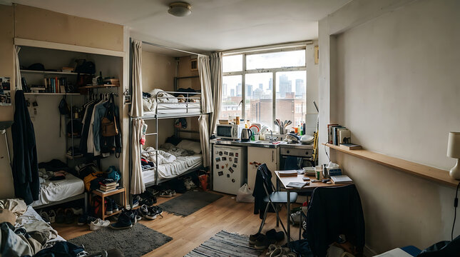 Messy and cluttered student dormitory room with bunk beds and shared living space in a cramped apartment