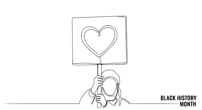 Black History Month protestor holding heart sign, continuous line art, isolated