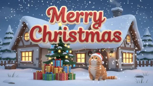 A 3D animation of a cat wearing a santa hat near a Christmas tree with presents and a snowy house, for holiday greeting cards and winter season social media video backgrounds.