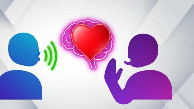 Two colorful silhouettes communicating with glowing pink brain icon between them on clean geometric white background representing the conceptual transfer of knowledge and thoughts