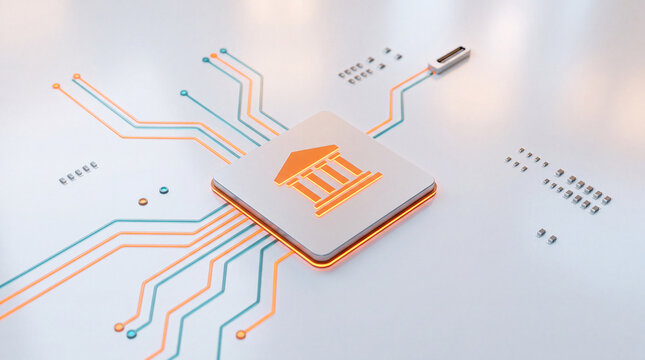 Futuristic Digital Banking Concept Represented by a Central Processor Chip with a Bank Building Icon and Glowing Circuit Traces on a Clean Modern Surface for Fintech and Online Finance Technology