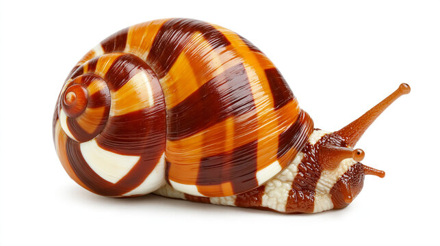 Striking patterned snail with brown and cream spiral shell isolated on a plain white background