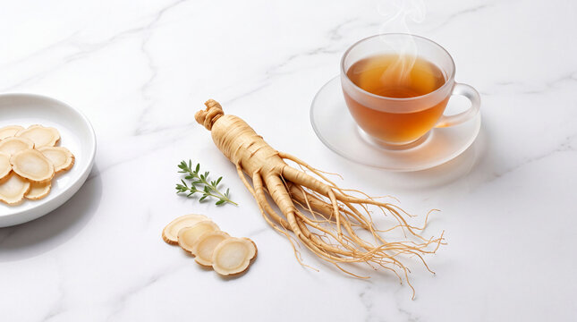 Fresh whole ginseng root with sliced pieces and a cup of hot steaming herbal tea on a white marble background, representing traditional medicine, healthy lifestyle, wellness, and natural organic