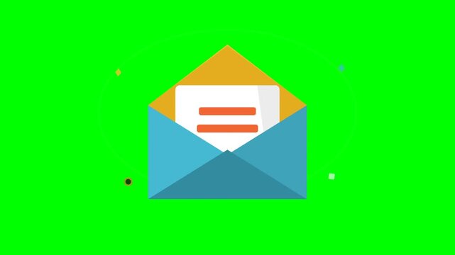 Animated blue envelope opening with a white paper letter rising on green screen