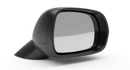 Obraz premium Sleek black car side mirror isolated on white background featuring polished glass surface and modern aerodynamic design for automotive vehicles