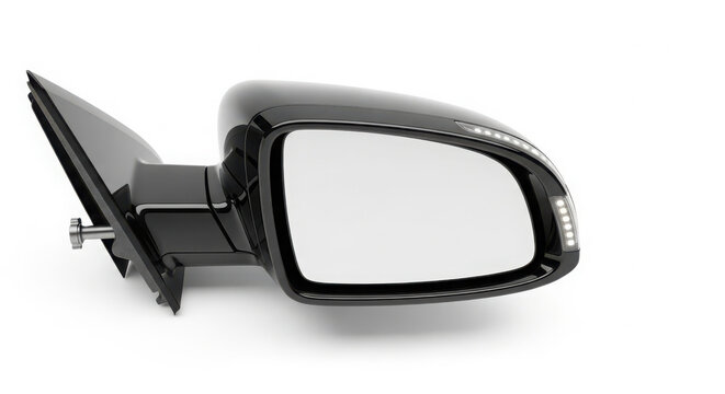 Shiny black automobile side view mirror featuring integrated turn signal lights captured against a clean white background in studio lighting