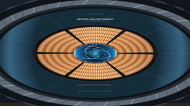 Detailed 2D animation of an HVDC cable cross-section demonstrating an active internal cooling system with central hollow conduit, Milliken segmented copper core, and multi-layer dielectric shield