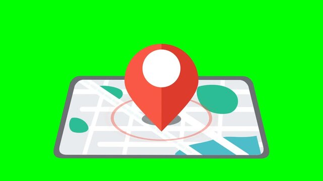 Red navigation pin pointer over city map animation on green screen
