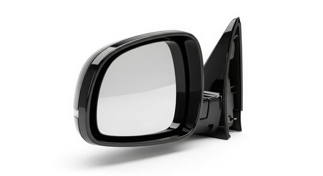 Shiny black vehicle side mirror captured from a side angle isolated on a clean white background for modern automotive parts