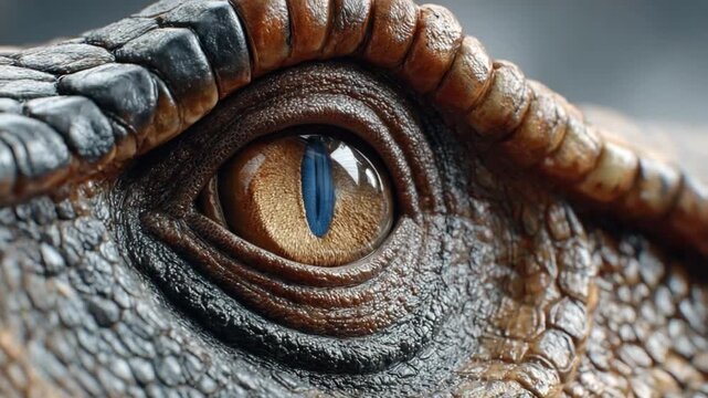 The Piercing Gaze of a Raptor: A close-up, dramatic shot of a dinosaur's reptilian eye, showcasing its scales and predatory intensity.