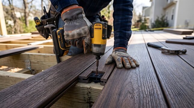 Construction worker using a power drill to install wooden deck planks outdoors