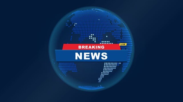 Modern breaking news broadcast animation featuring a rotating dotted digital Earth, global data transmission rings and dynamic breaking news headline assembly. Designed for television news, journalism