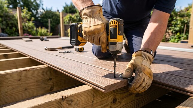 Construction worker using a power drill to install composite decking boards on a backyard patio frame.