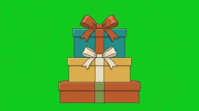 A stacked gift boxes animation with ribbons on a green screen for holiday greeting cards and shopping sale promotions or birthday event video projects.
