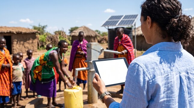 Project manager holding blank tablet near solar water pump with local villagers