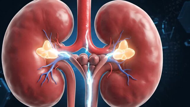 detailed 3D medical visualization of human kidneys displaying internal structures and blood vessels set against dark abstract technological background with glowing data grid patterns