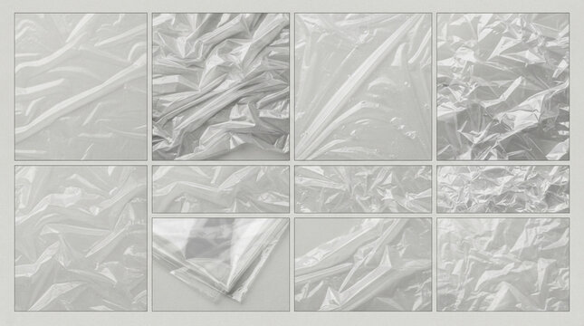 Close-up transparent plastic wrap sheets showcasing crinkled surface textures for packaging design
