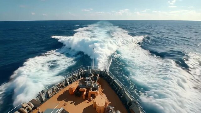 Stern of Ship with Wake: The stern of a large vessel cuts through the deep blue ocean, leaving a powerful, frothy wake that stretches across the horizon under a clear sky.