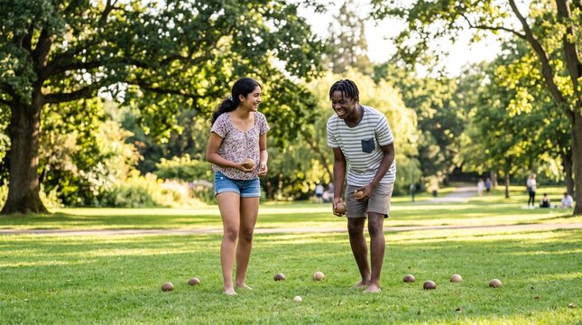 Teenage friends enjoying a game of bocce ball on a sunny day in a park with lush green grass and trees