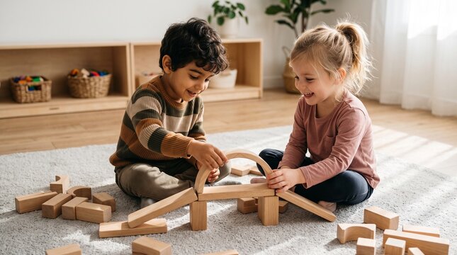 Diverse young children happily building with wooden blocks on a rug in a bright room