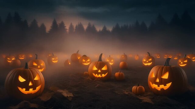 Spooky Halloween pumpkin patch glowing with jack-o-lanterns in a misty dark forest at night