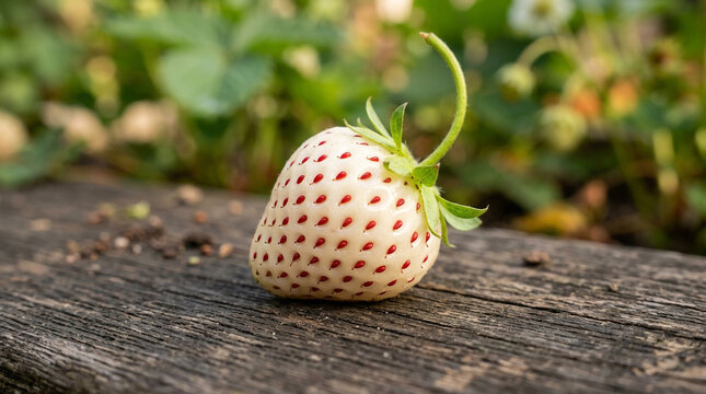Ripe pineberry fruit with red seeds resting on rustic wooden surface in natural daylight