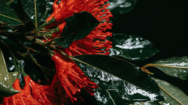 Bright red fluffy pohutukawa flowers with dark green leaves after rain