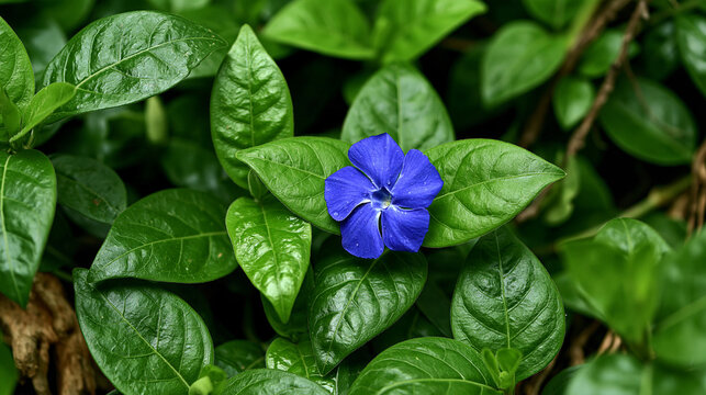 Blue periwinkle flower surrounded by lush green leaves in a garden with vinca minor