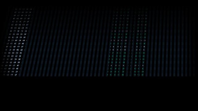 4K 30FPS seamless loop. Camera positioned overhead and tilting down toward the ticker board &mdash; a top-down perspective that gradually levels out. Green and white ticker data on dark background. Subtle r