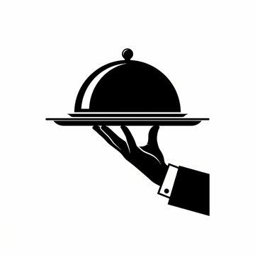 A black silhouette of a waiter hand holding a silver platter with a cloche.