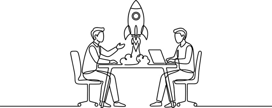 Startup launch team collaboration rocket ascent business meeting innovation concept