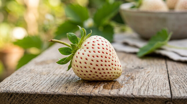 Single ripe pineberry fruit resting on a rustic wooden table outdoors