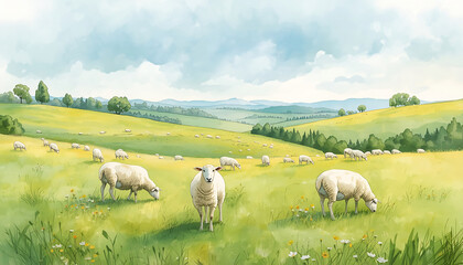 Fototapeta premium Illustration of a painting depicting a grassy valley with sheep.