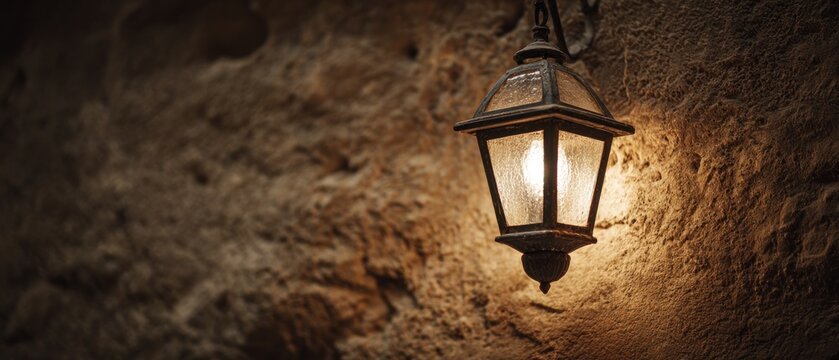 Vintage lantern on a weathered stone wall