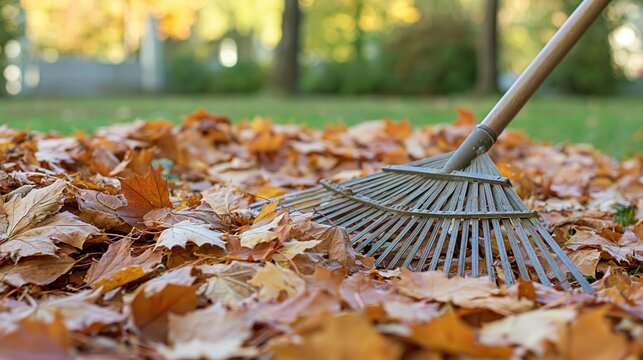 Gardening rake gathering fallen autumn leaves in a backyard during a seasonal cleanup