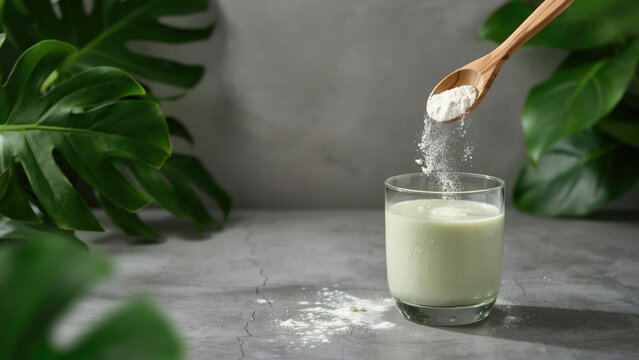Wooden spoon pouring white powder into a glass of milk on a textured grey surface with pours white nutritional surrounded large green green tropical leaves with beverage