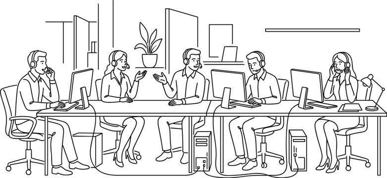 Team of People Working in a Call Center Office with Computers and Headsets