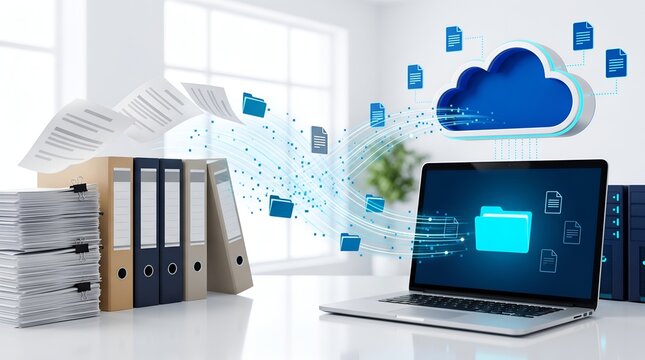 Paper Documents Migrating to Laptop and Cloud Storage on Office Desk